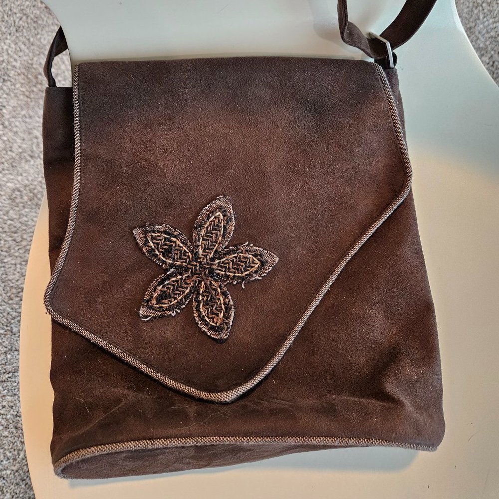 Jaks Cross Body Purse brown suede with Boho style flower